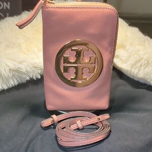 Tory Burch Pink Leather Crossbody Phone Wristlet with Gold Logo NOW ONLY $90